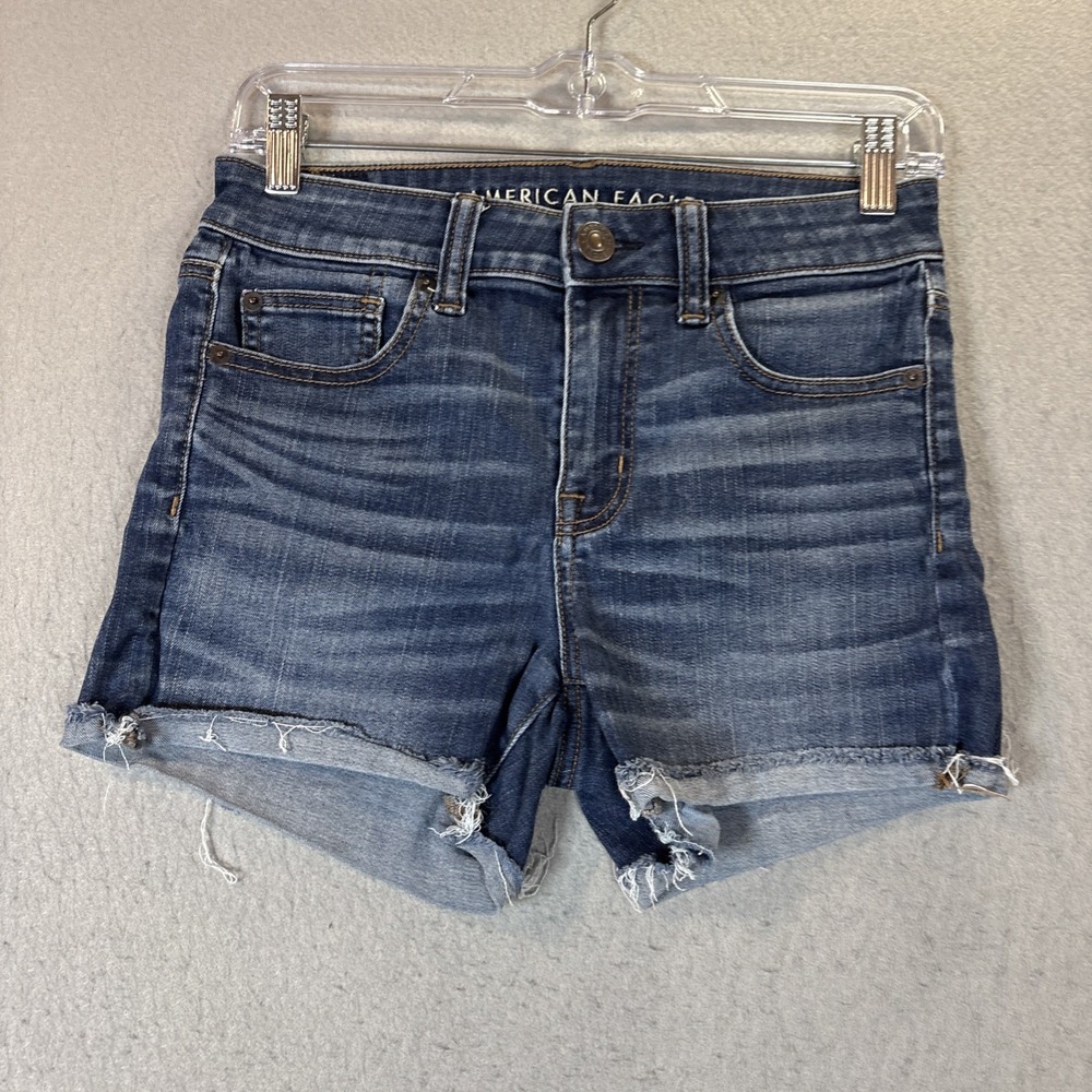 American Eagle Hi-Rise Shortie Medium Wash Cut Off Denim Shorts Stretch 4